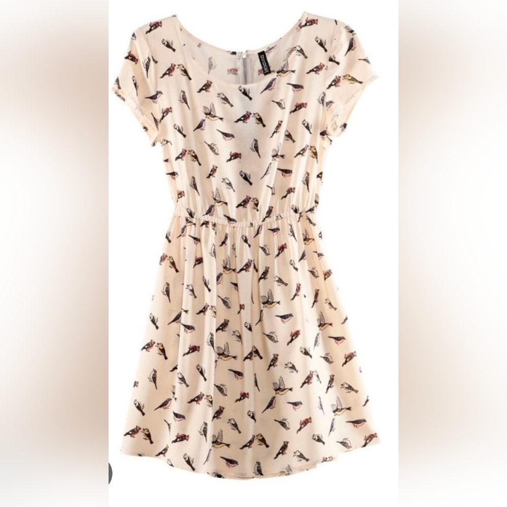 Women’s Cream Bird-Print Short Sleeve Dress